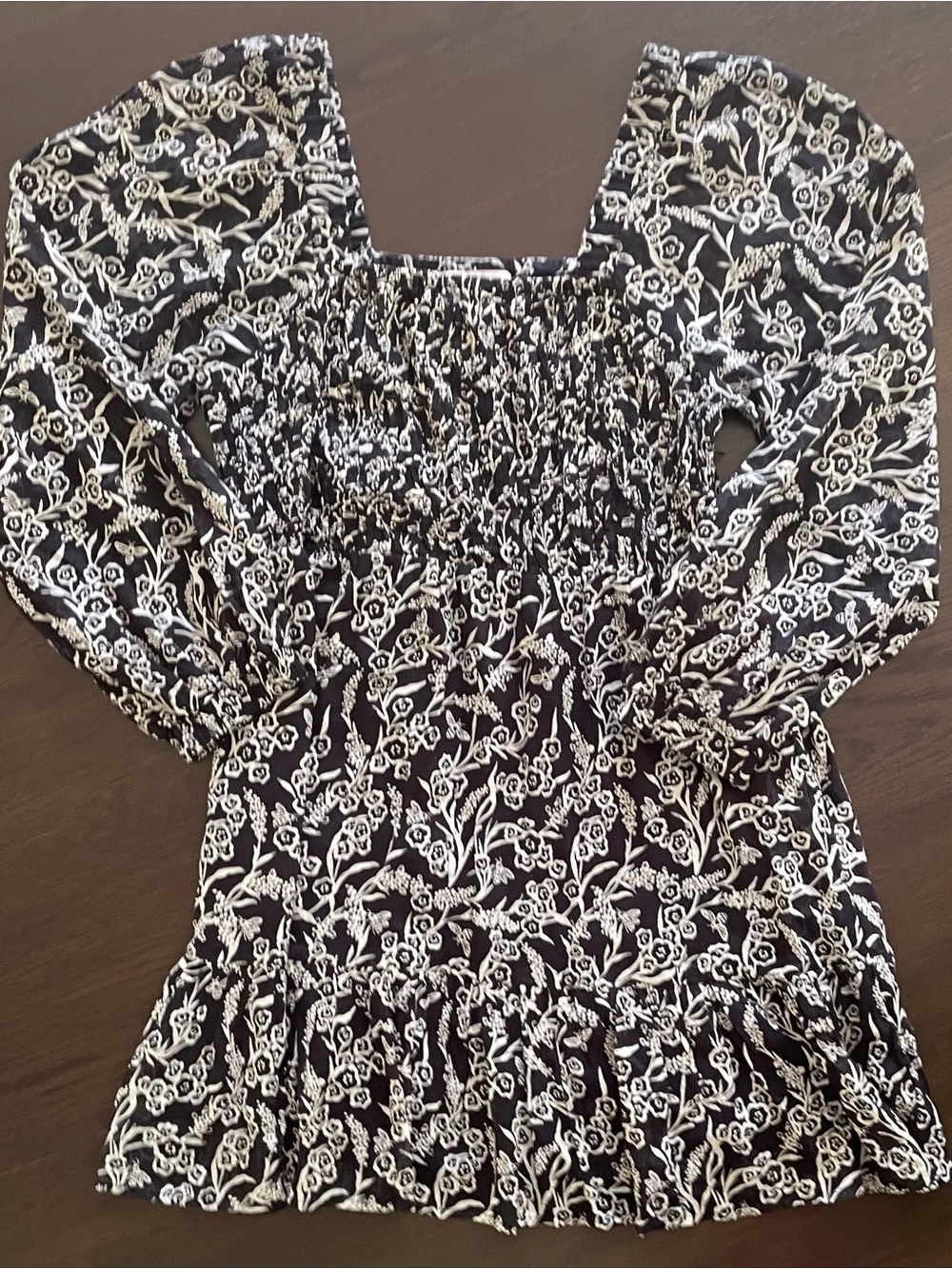 Banjanan 100% Cotton Heron Mini Dress Black White Floral Smocked Small Prairie